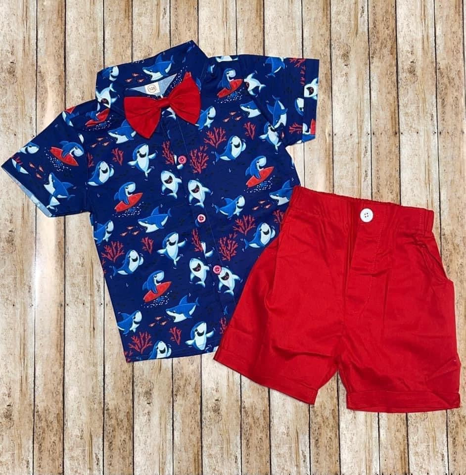 “Happy Sharks” 3-Pc. Bow Tie, Polo, & Short Set