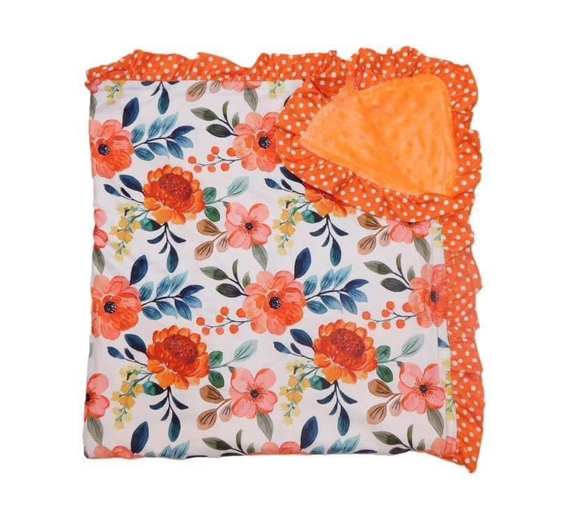 Orange Polkadot Floral Minky Blanket