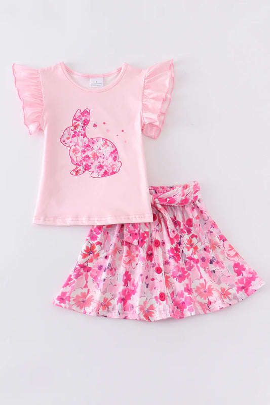 “Pink Floral Bunny” 2-Pc. Tie Waist Skirt Set