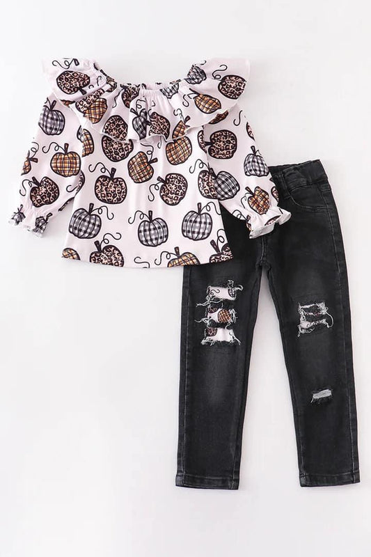 “Leopard Plaid Pumpkin” 2-Pc. Distressed Denim Set